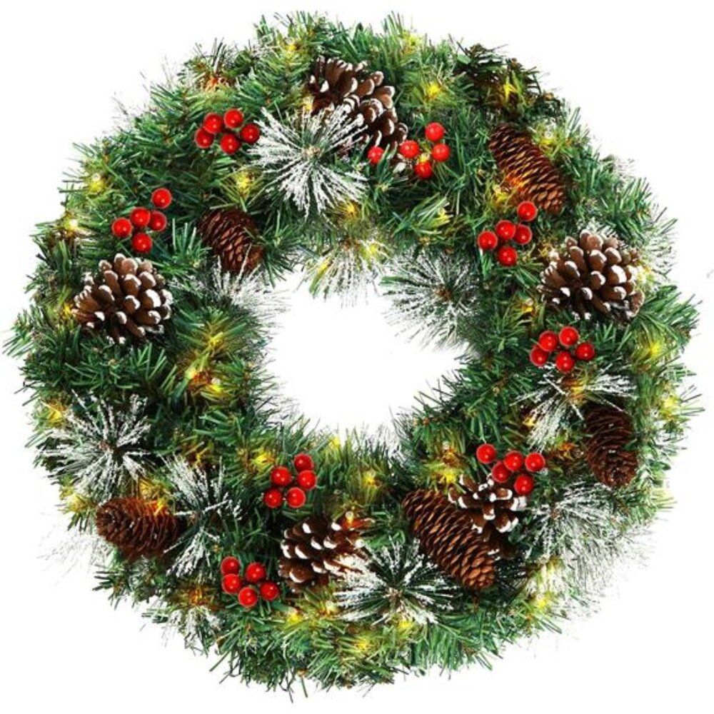 18'' Pre-Lit Christmas Wreath‎ with Pine Cones, Berries, 50 LED Lights & Timer